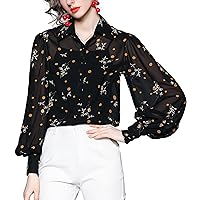 Women's Retro Pattern Floral Blouse Button Down Shirt Chiffon Top