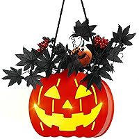 BlcTec Halloween Pumpkin Lights, 9 inch Lighted Big Jack-O-Lantern with Maple Leaves, Berries, 1 Little Pumpkin & Rope, Battery-Operated Premium Wood Pumpkin Built-in Timer for Halloween Decorations