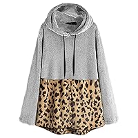 Andongnywell Women leopard print shirt with long sleeves Hoodie Sweatshirts Pullover Long Sleeve Drawstring Shirts (Gray,3X-Large)