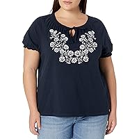 Tommy Hilfiger Women's Keyhole Tie Floral Neckline Short Sleeve