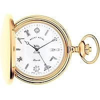 Pocket Watch Gold Plated Full Hunter Masonic with Date Quartz Movement - Chain