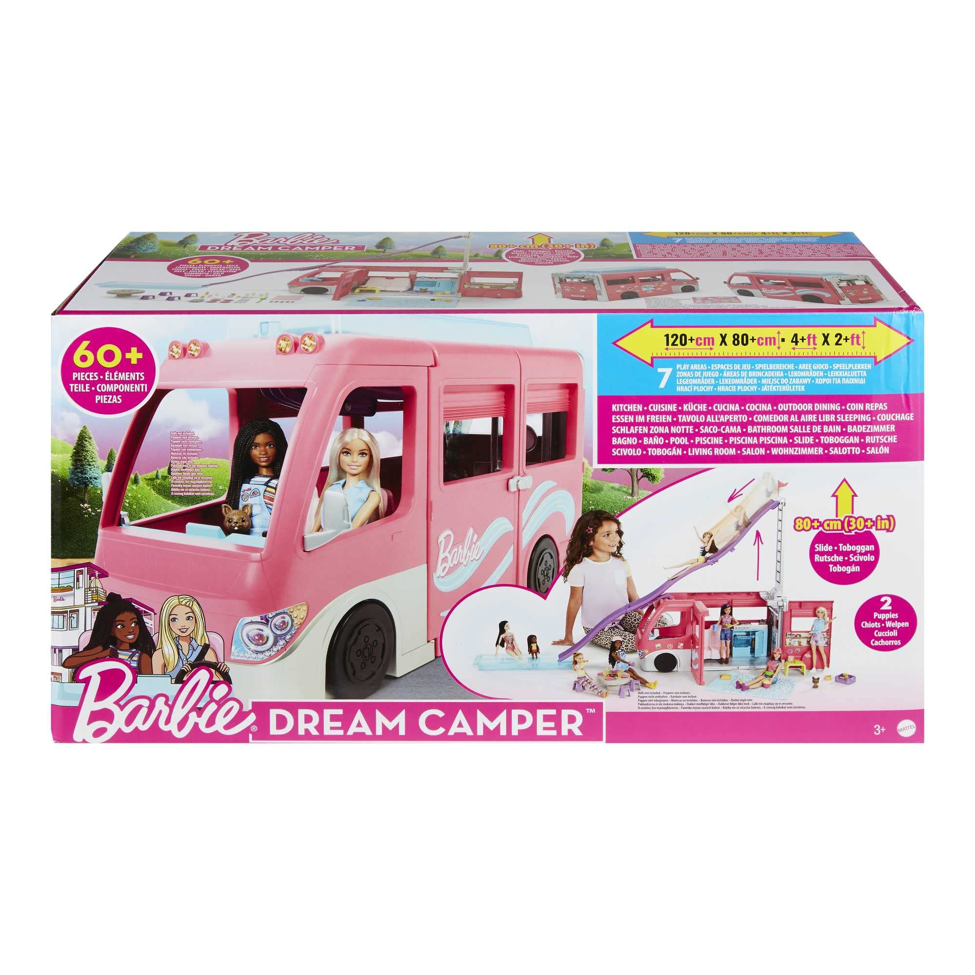 Barbie Camper Playset, Dreamcamper Toy Vehicle with 60 Accessories Including Furniture, Pool and 30-Inch Slide