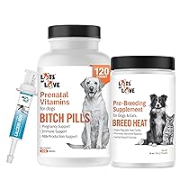 Lots of Love Bundle Set of 3 - Calcium Now Oral Supplement for Whelping Dogs (30ml), Bitch Pills Prenatal Dog Vitamins (120 Tablets) and Breed Heat - Breeding Supplement for Cats and Dogs (16 oz)