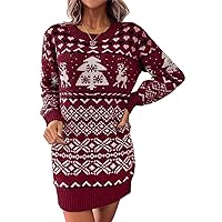 Pink Queen Women's Ugly Christmas Sweaters Crew Neck Long Sleeve Cute Xmas Knit Pullover Sweater Mini Dress