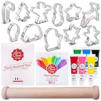 Christmas Holiday 11 Piece Cookie Cutter Set, 6 Pack of Food Coloring Gel, Parchment Paper, Piping Bags, and Rolling Pin Made in USA by Ann Clark Virtual Bundle