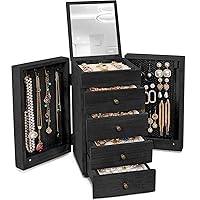 Meangood Jewelry Box Wood for Women, 5-Layer Large Organizer Box with Mirror & 4 Drawers for Rings, Earrings, Necklaces, Black
