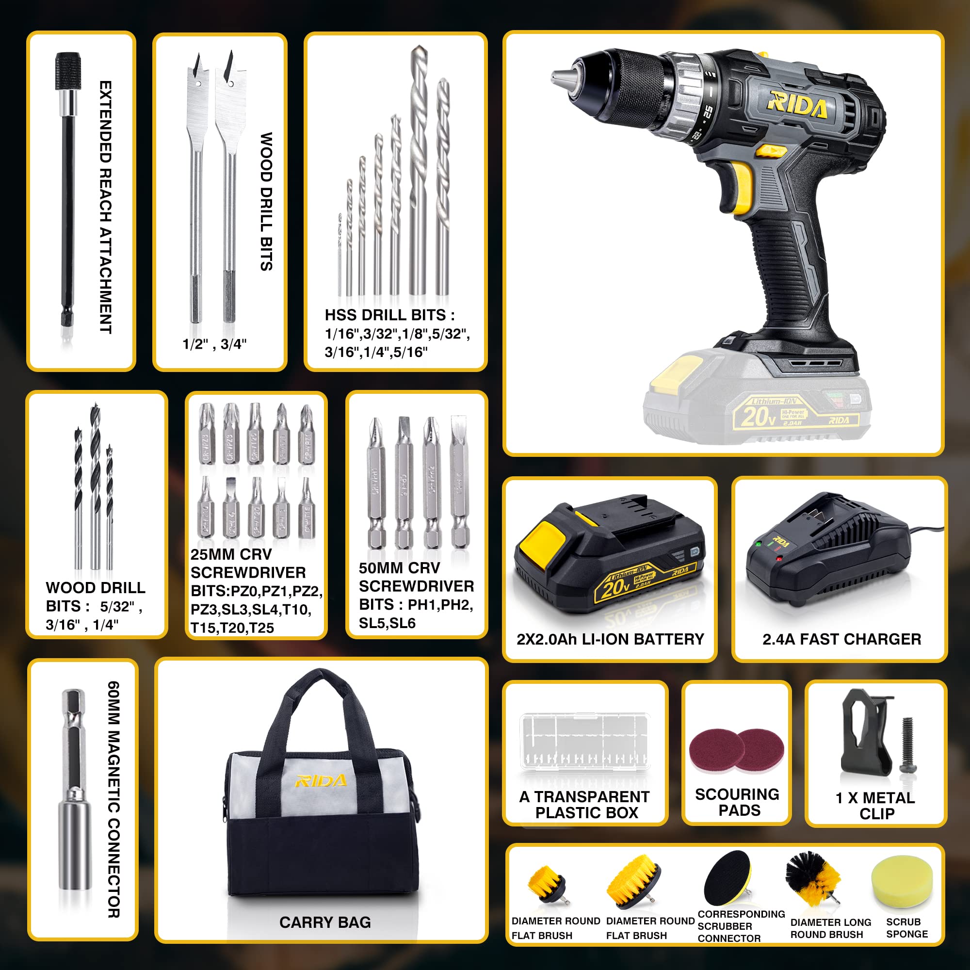 RIDA Cordless Drill 20V Electric Power Drill Set with 2 * 2.0AH Li-Battery & Fast Charger 1/2'' Keyless Metal Chuck, Variable Speed, 25+1 Position and 37Pcs Bits & Cleaning Brush with Carry Bag