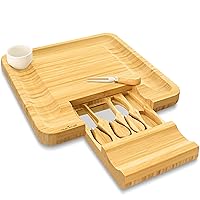 NutriChef Bamboo Natural Cheese Board Set with Bonus Condiment Cup-Extra Large Size 100% Home Organic Wooden Plate and Charcuterie Tray with 4 pcs Cutting Knife Slicer, 13
