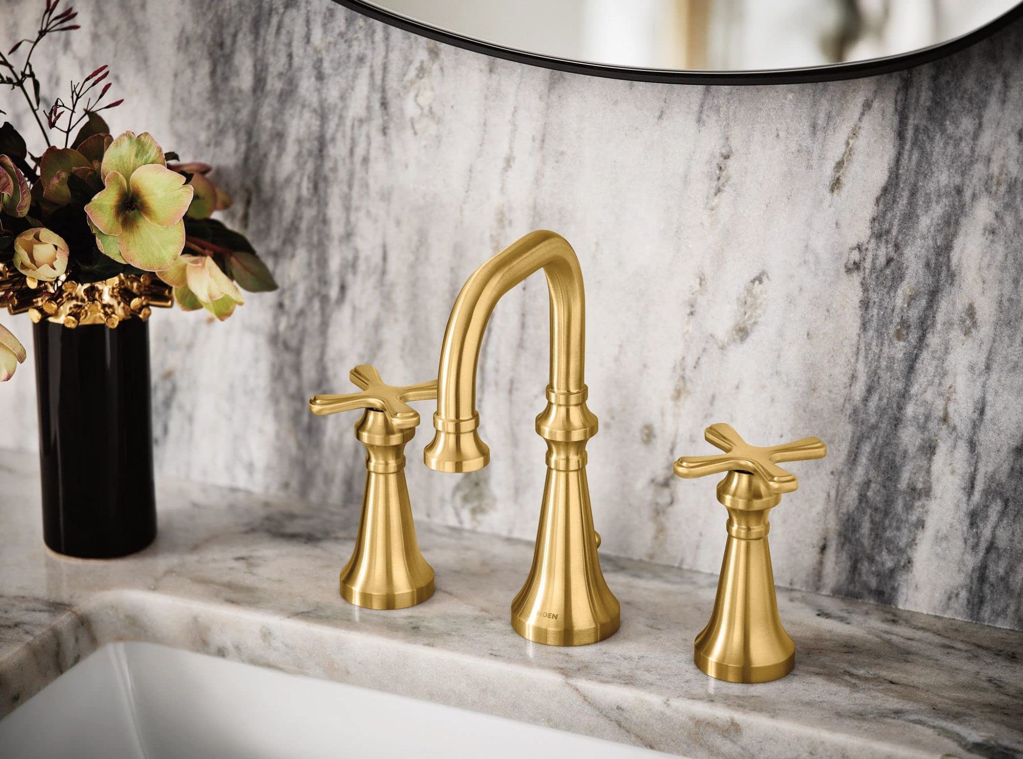 Moen TS44103BG Colinet Traditional Two Widespread High-Arc Bathroom Faucet with Cross Handles Valve Required, Brushed Gold