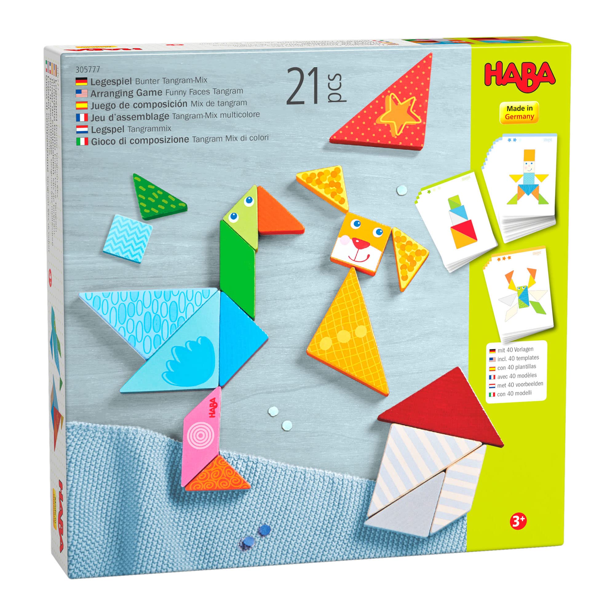 HABA Funny Faces Tangram Wooden Tile Arranging Game with 20 Template Cards (Made in Germany)