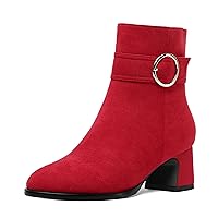 Womens Round Toe Travel Buckle Suede Solid Hiking Ankle Strap Chunky Low Heel Ankle High Boots 2 Inch