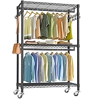 VIPEK V12 Heavy Duty Rolling Garment Rack 3 Tiers Adjustable Wire Shelving Clothes Rack with Double Rods and Side Hooks, Freestanding Wardrobe Storage Rack Metal Clothing Rack, Black