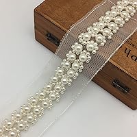 FQTANJU 1 Yard Large Pearl Beads Decorative Tape Lace Edge Trim Ribbon, 5 cm Width Vintage Ivory Edging Trimmings Fabric Embroidered Applique Sewing Craft Wedding Dress Party Clothes Decor