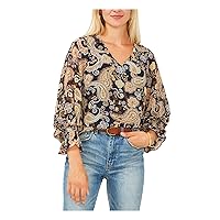 Vince Camuto Womens Navy Smocked Lined Paisley Blouson Sleeve V Neck Wear to Work Blouse XXS