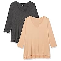 Amazon Essentials Women's 3/4 Sleeve V-Neck Swing T-Shirt (Available in Plus Size), Pack of 2