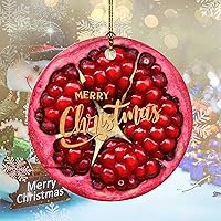 Merry Christmas Fruit Pattern Pomegranate Ceramic Ornament Round White Ornaments Double Sides Printed Collectible Keepsake Gift with Gold String for Outdoor Indoor Tree Decorations Decor Gifts 3