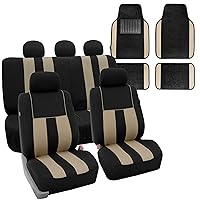 FH Group Striking Striped Car Seat Covers Full Set, Airbag and Split Ready with Carpet Floor Mats – Universal Fit for Cars Trucks & SUVs- Beige/Black