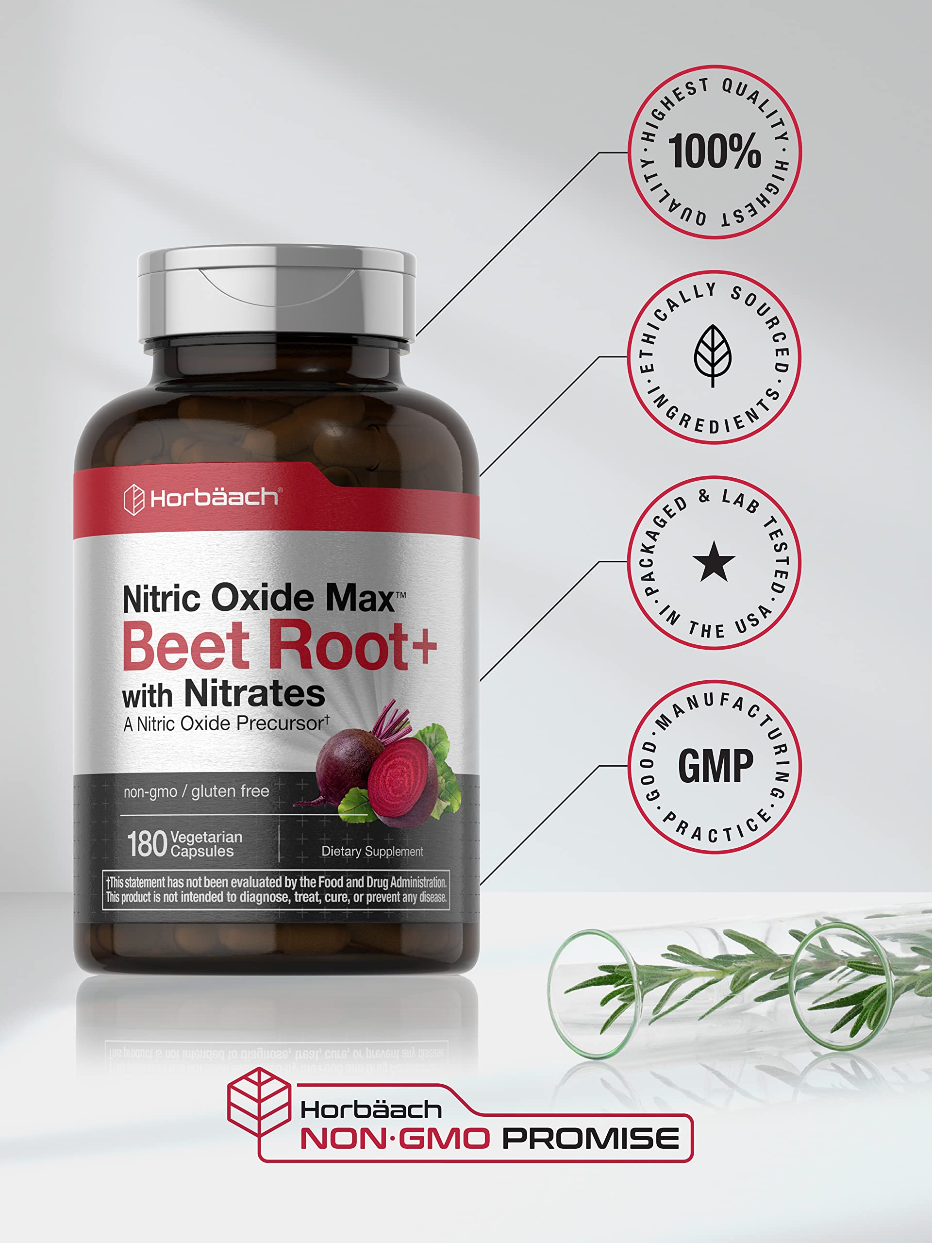 Nitric Oxide Beet Root Capsules | with Nitrates | 180 Count | Nitric Oxide Precursor | Vegetarian, Non-GMO, Gluten Free Supplement | by Horbaach