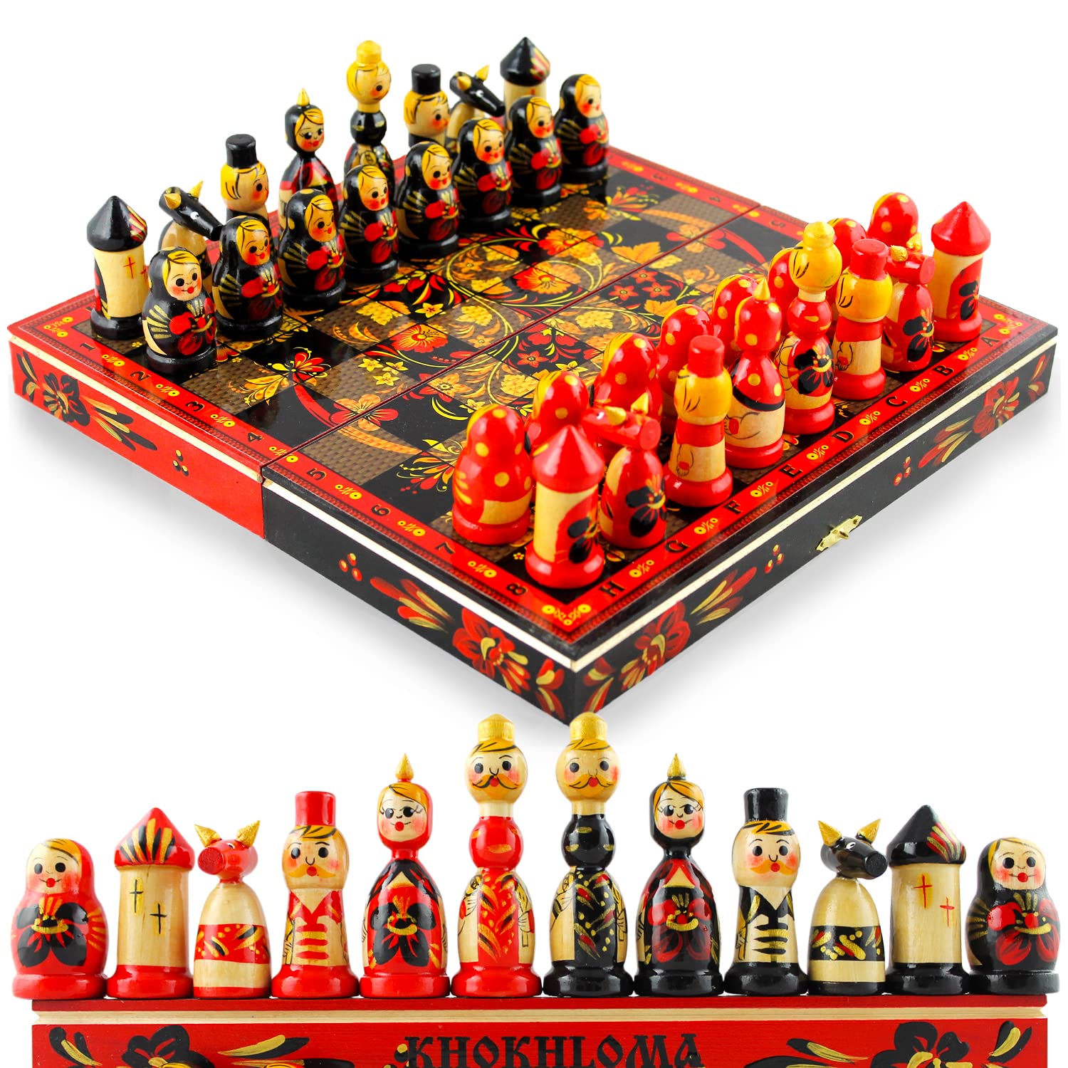 Souvenir Chess Set Russian Folk Art Khokhloma - Handcrafted Chess Pieces as Matryoshka Dolls - Unique Chess Sets - Family Board Games - Chess Gifts