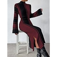 TLULY Sweater Dress for Women Striped Pattern Slit Hem Sweater Dress Sweater Dress for Women (Color : Burgundy, Size : Large)