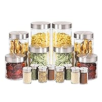 Oggi 16 Pc Airtight Glass Storage Containers and Spice Jar Set - 16 Glass Kitchen Canisters and 16 Glass Spice Jars with Stainless Steel Lids - Set of 16 (9421.)