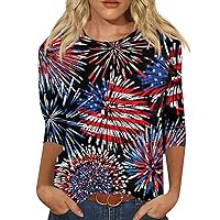 Flag Day Independence Day Tshirt 3/4 Sleeve Tops for Womens Summer Casual Round Neck Soft 2024 Trendy Shirts