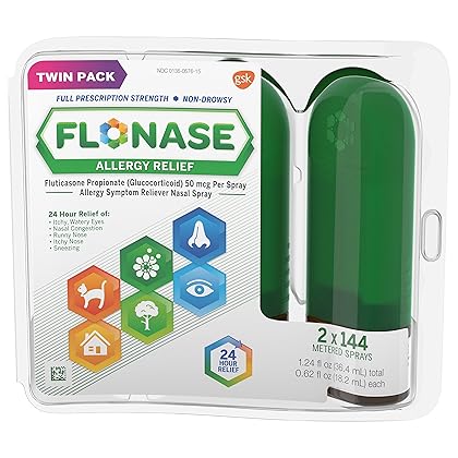 Flonase Allergy Relief Nasal Spray, 24 Hour Non Drowsy Allergy Medicine, Metered Nasal Spray - 144 Sprays (Pack of 2)