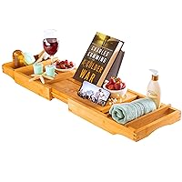 Luxury Bamboo Bathtub Tray Caddy - Expandable and Nonslip Bath Caddy with Book/Tablet and Wine Glass Holder - Gift for Him or Her