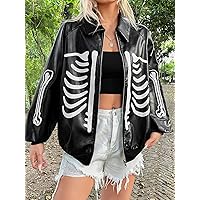 Women's Jackets Jackets for Women Grunge Skeleton Print Raglan Sleeve Leather Jacket Lightweight Fashion (Color : Black, Size : Large)