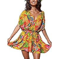 CUPSHE Women's Tropical Dresses V Neck Floral Loose Fit Elastic Waist Smocked Summer Mini Beach Dress