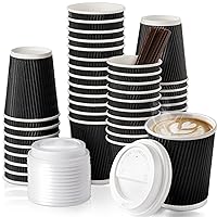 Fit Meal Prep 100 Pack 8 oz Insulated Ripple Wall Paper Coffee Cups with White Lids, Premium Black Triple Wall Disposable Coffee Cup, To Go Coffee Cups Anti Slip Ideal for Hot Beverage, Travel, Office