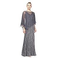 S.L. Fashions Women's Sequin Lace Beaded Gown with Cape, Slate, 6