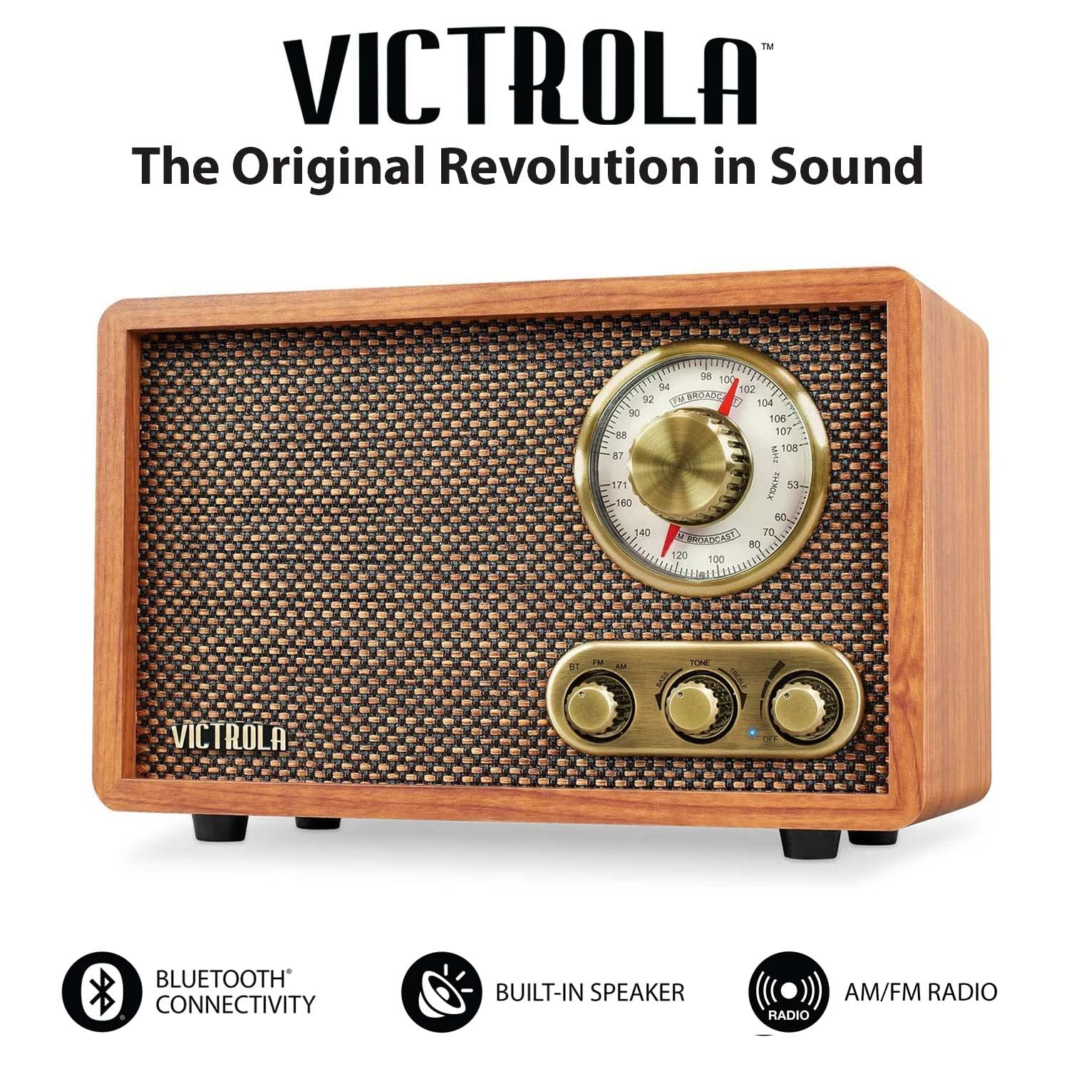 Victrola Retro Wood Bluetooth Radio with Built-in Speakers, Elegant & Vintage Design, Rotary AM/FM Tuning Dial, Wireless Streaming, Walnut