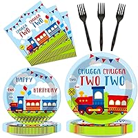 100 PCS Chugga Chugga Two Two Party Supplies Set Train Plates and Napkins 2nd Birthday Party Tableware Packs Decorations Transportation Disposable Paper Plates Napkins Forks For Kids Serve 25 Guests