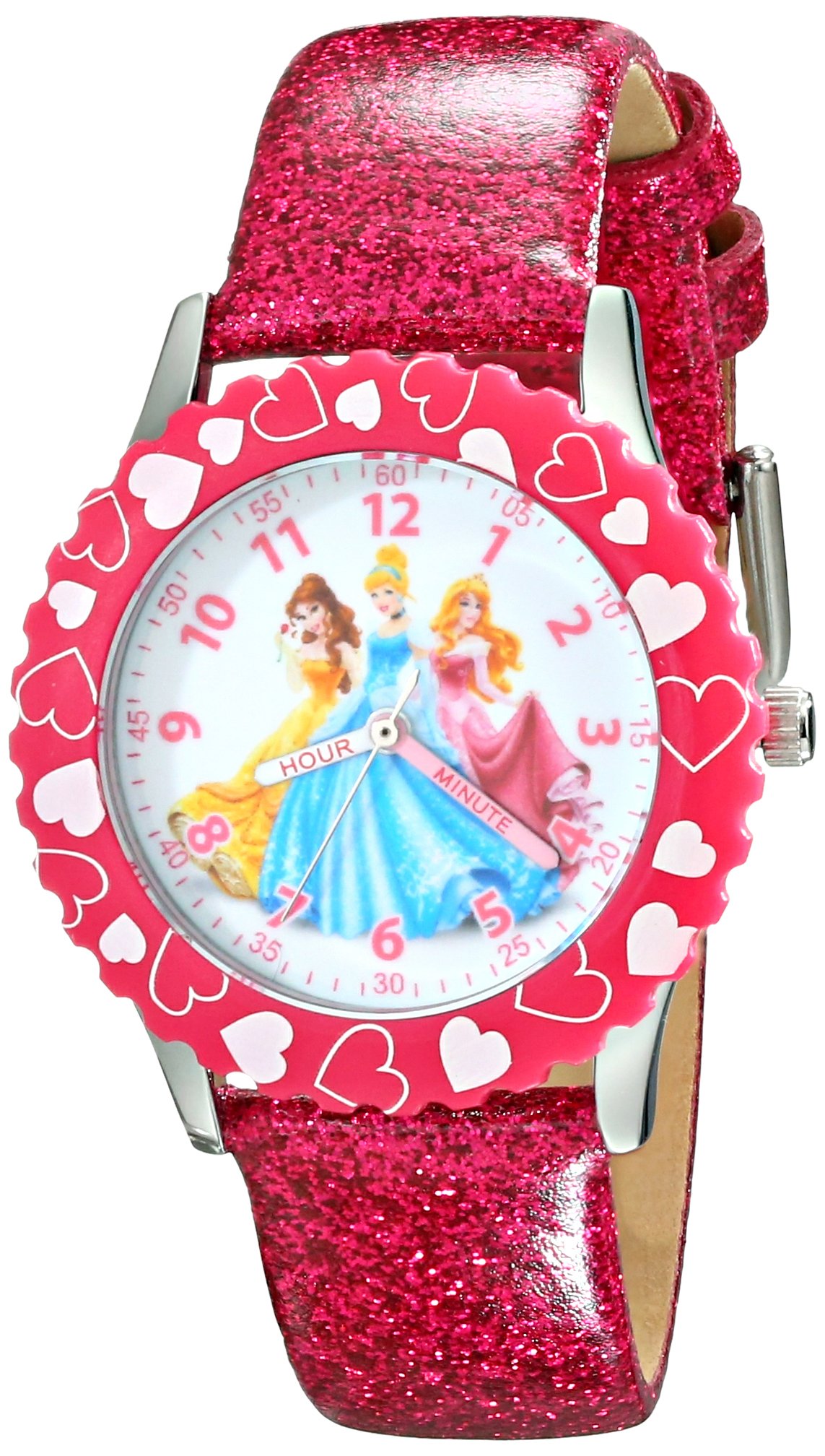 Disney Kids' W001801 Princess Stainless Steel Watch with Pink Glitter Faux Leather Band
