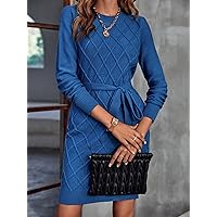 Women's Fashion Dress -Dresses Argyle Knit Belted Sweater Dress Sweater Dress for Women (Color : Blue, Size : Small)