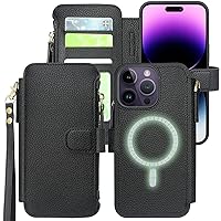 Harryshell Compatible with iPhone 14 Pro Max Case Wallet Support MagSafe Wireless Charging with 3 Card Slots Holder Cash Coin Zipper Pocket Pu Leather Flip Closure Wrist Strap (Black)
