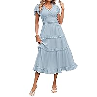 MEROKEETY Womens 2023 Summer Casual V Neck Flutter Sleeve High Waist Ruffle Tiered Midi Dress