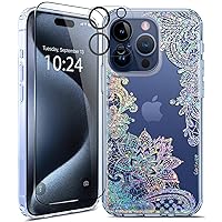 Coolwee Anti Yellowing Clear Glitter for Apple iPhone 15 Pro Max Case Floral, 6.7 inch, 6.6ft Military Grade Protective Cute Mandala Crystal Bling Lace Slim TPU with Camera & Screen Protector