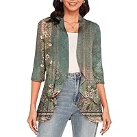Women's Draped Front Open Cardigan Vintage Ethnic Floral Print 3/4 Sleeve Casual Cardigans Lightweight Soft Blouses