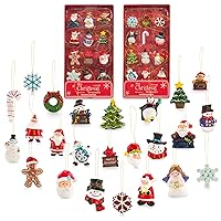 Mini Resin Christmas Ornaments Set of 24 - Rustic Christmas Decorations - Small Miniature Christmas Tree Ornaments - Santa Snowman Gingerbread Angel - Tiny Christmas Tree Decorations With Gift Box!
