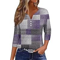 Womens Summer Tops 2024, Button Down 3/4 Sleeve V Neck Casual Shirts Going Out Loose Fit Trendy Basic Dressy Tees
