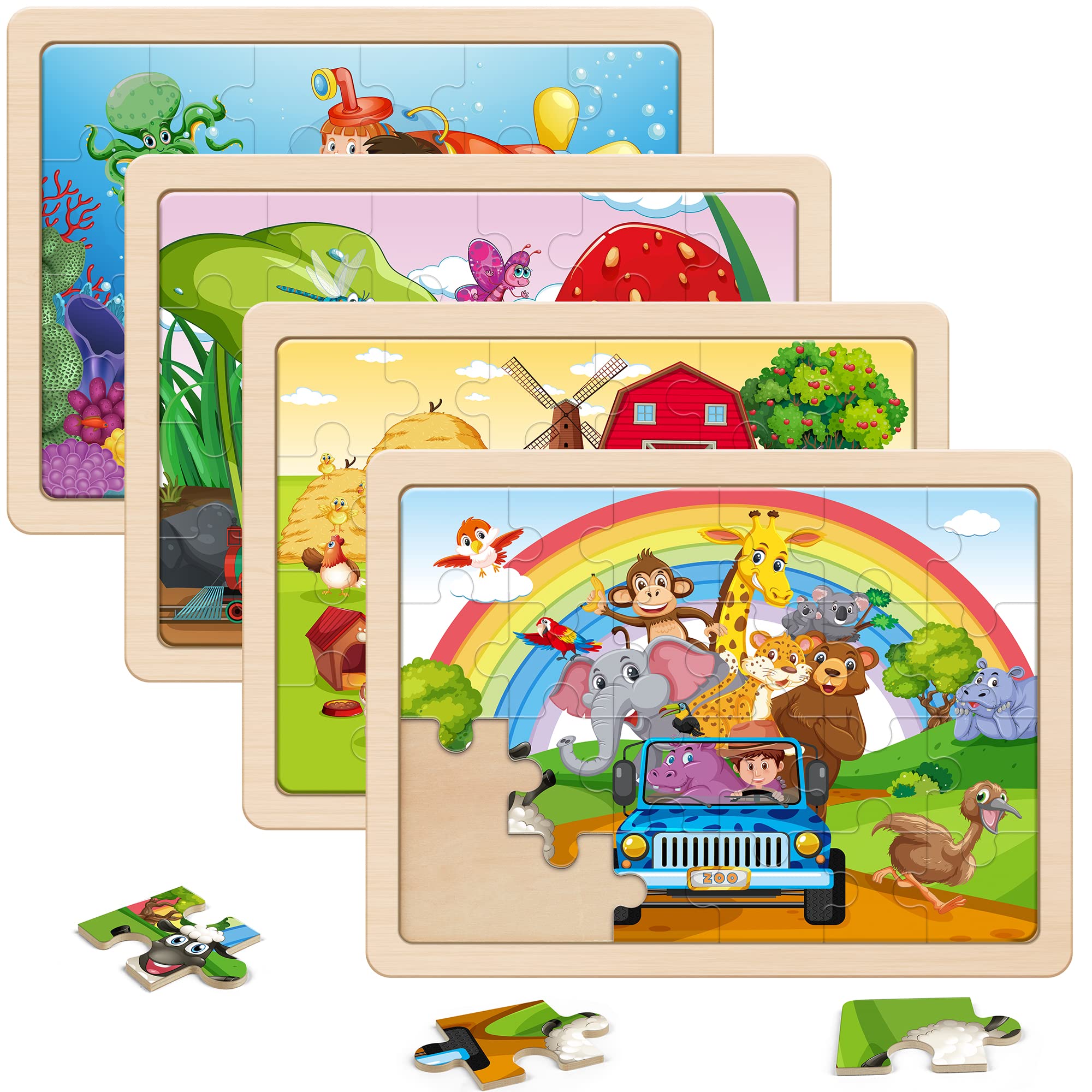 SYNARRY Wooden Puzzles for Kids Ages 3-5, 4 Packs 24 PCs Wood Jigsaw Puzzles Preschool Educational Brain Teaser Boards Toys, Zoo Farm Insect Sea Animals, Children Gifts for 3 4 5 6 Year Old Boys Girls
