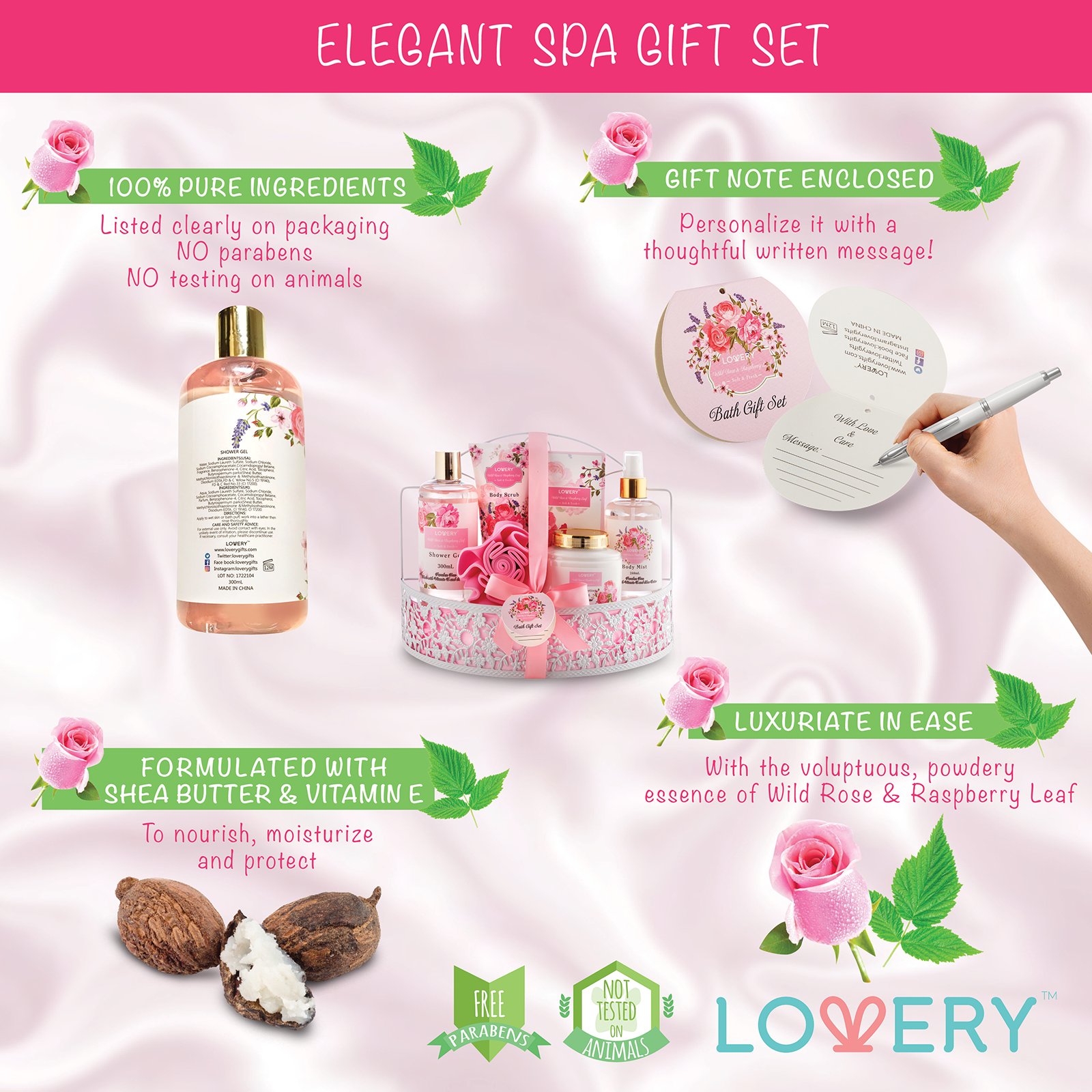 Home Spa Gift Basket - Wild Rose & Raspberry Leaf Scent - 7pc Bath & Body Set for Men and Women - Shower Gel, Body Lotion, Body Scrub, Bath Salt, Body Mist, Bath Puff & Shower Caddy