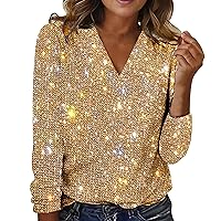 Sparkle Sequin Tops for Women Glitter Blouse Dressy Casual Loose Sexy V Neck Long Sleeve Evening Party Shiny T Shirts