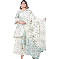 Yash Gallery Women's Mothers Day Gift Cotton Floral Printed Kurti with Sharara and Dupatta - Grey
