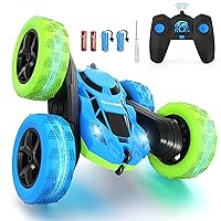 Remote Control Car for 6-12 Year Old Double Sided 360°Rotating 4WD RC Cars with Headlights 2.4GHz Electric Rechargeable Race Stunt Toy Car for Boys Girls Birthday (Blue&Green)