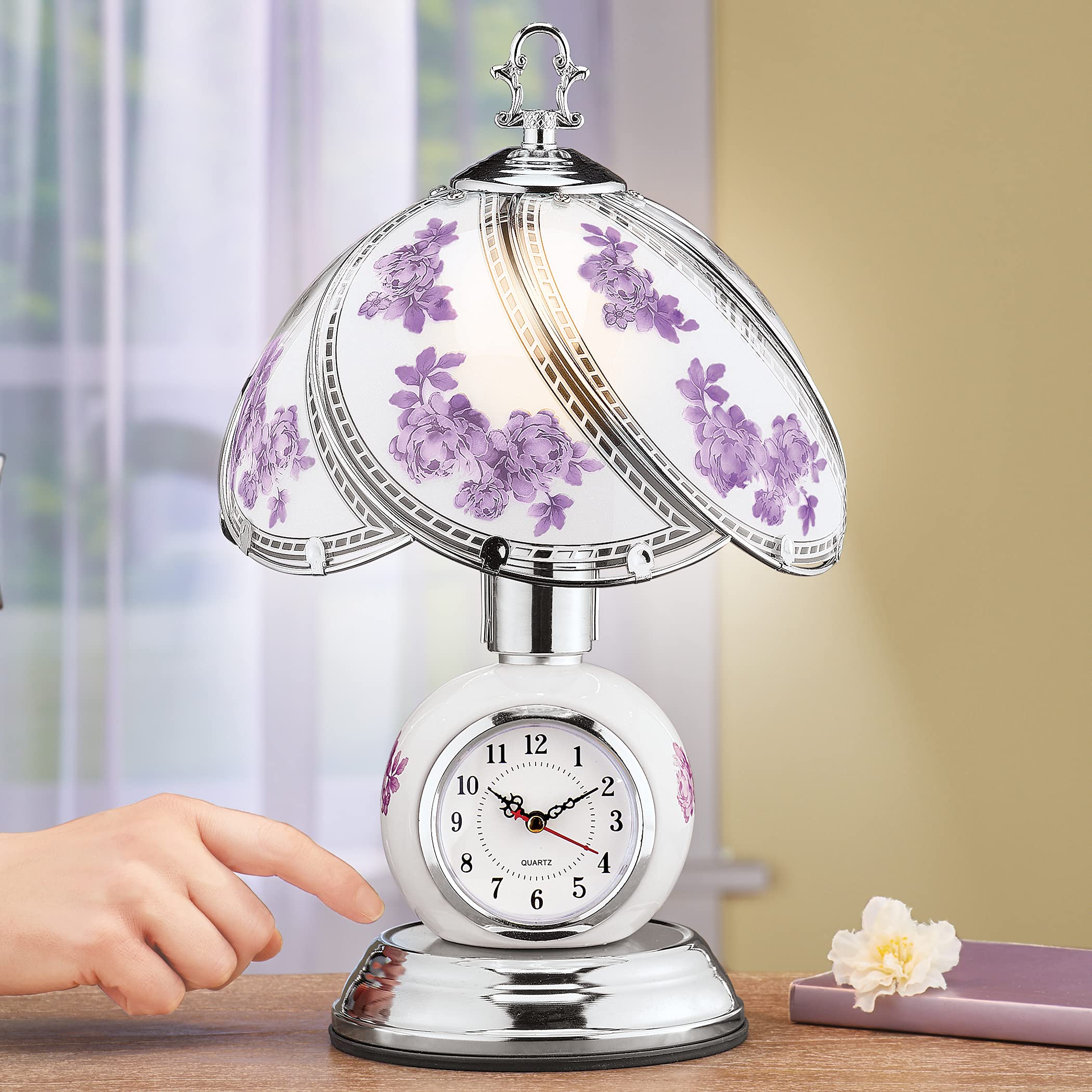 Collections Etc Rose Glass Panel Touch Lamp with Analog Clock - Silver-Toned Base - 3 Levels of Brightness - Glass, Metal - 9
