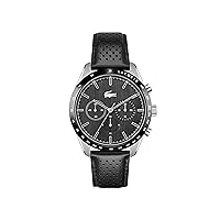 Lacoste Boston Men's Chrono Stainless Steel and Leather Strap Casual Watch, Color: Black (Model: 2011109)