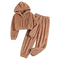 SOLY HUX Girl's Bear Ear Fuzzy Drop Shoulder Hoodie Sweatshirt with Sweatpants Two Piece Outfit